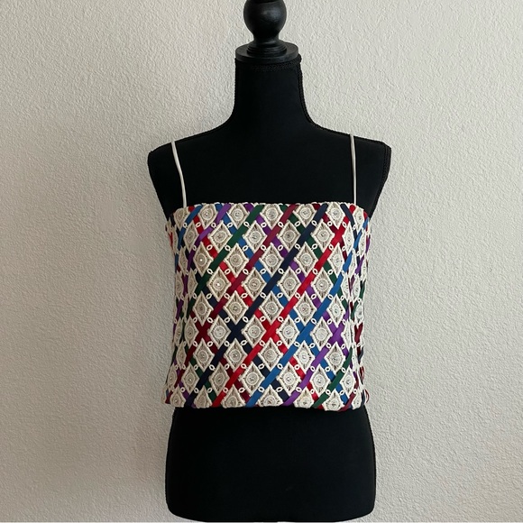 Tops - Vintage Embroidered Multicolor Ribbon Spaghetti Straps Sparkly Crop Top